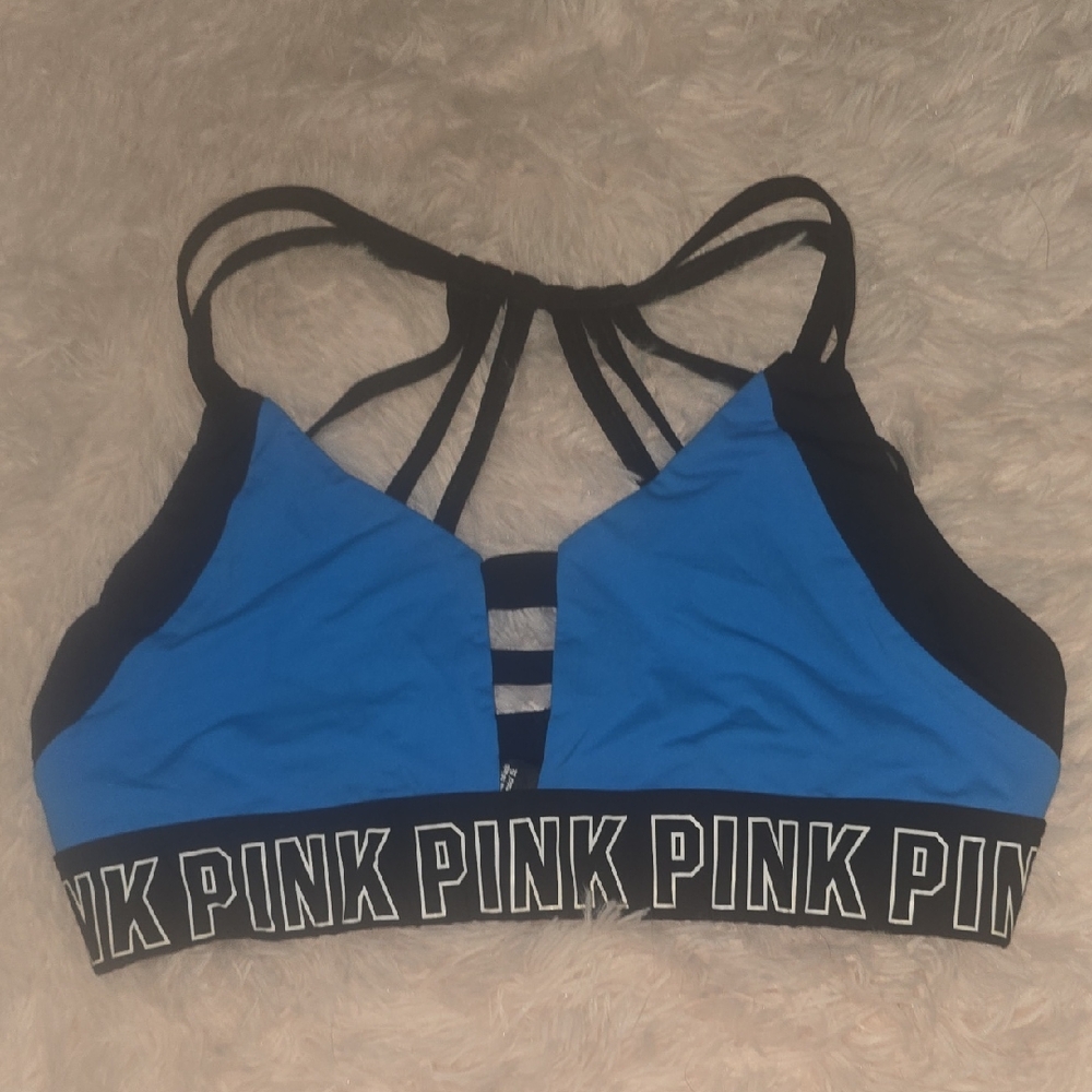 PINK Victoria's Secret Blue and Black Strappy Sports Bra